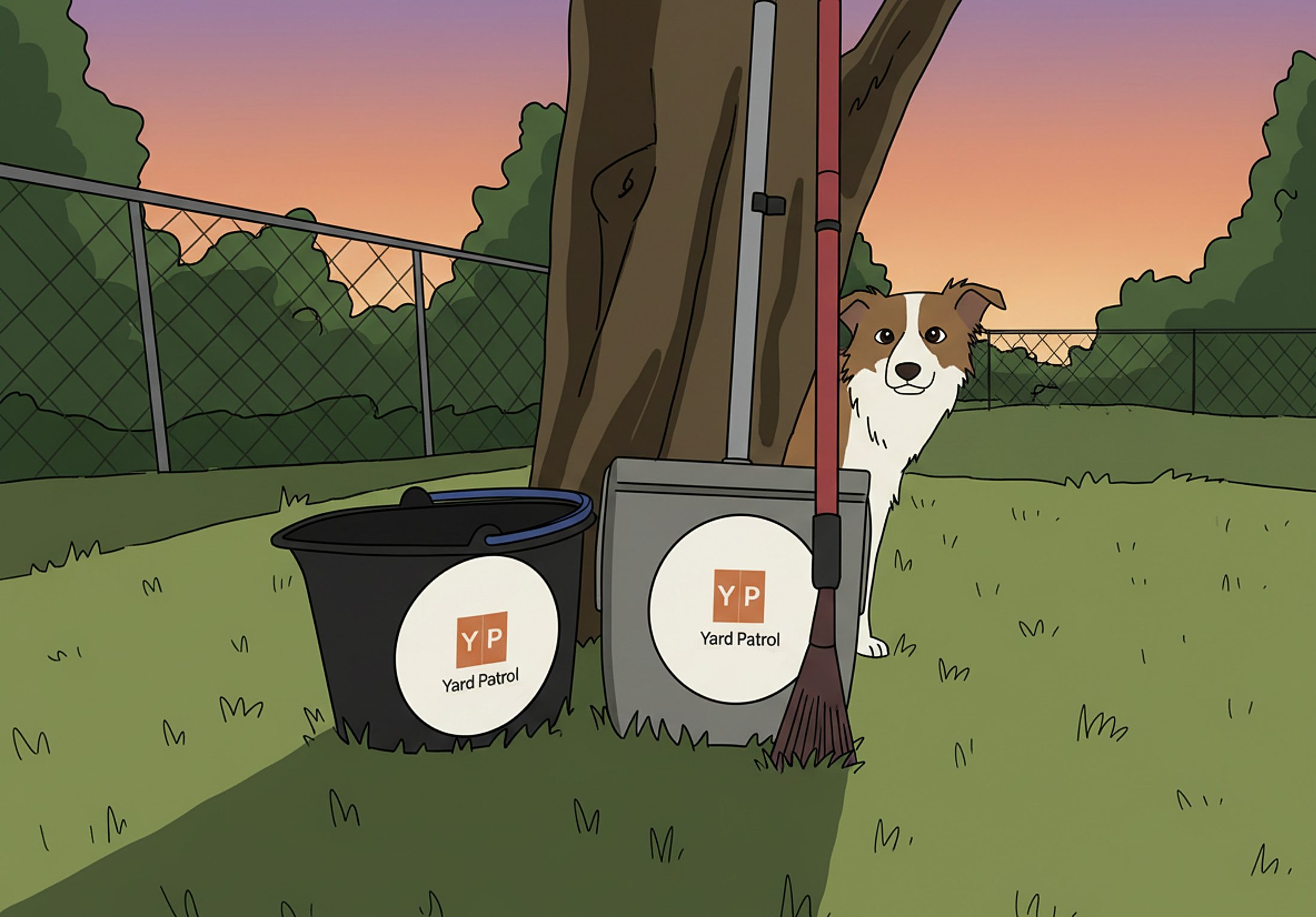 Illustration: Yard Patrol buckets, shovel, and rake in a fenced Oakland County backyard at sunset, with a dog watching from beside the tree.