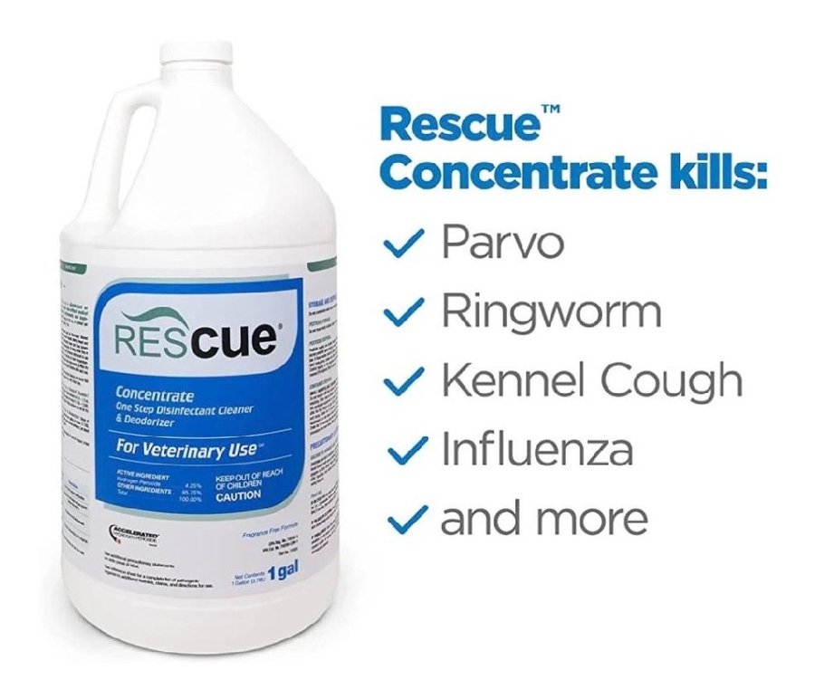 RESCUE Concentrate, a one-step veterinary disinfectant cleaner. The label lists what it kills: parvo, ringworm, kennel cough, influenza, and more.