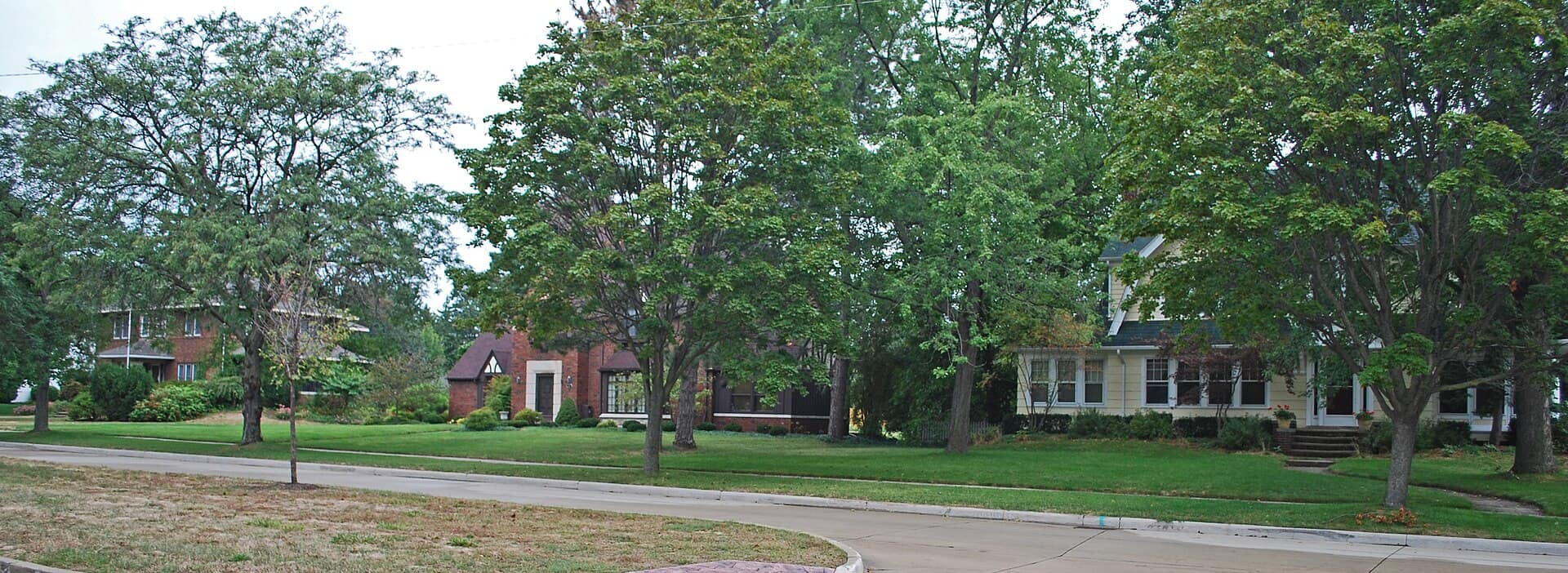 A curving, tree-lined street with lawns and older homes in the Pleasant Ridge Historic District, Michigan.