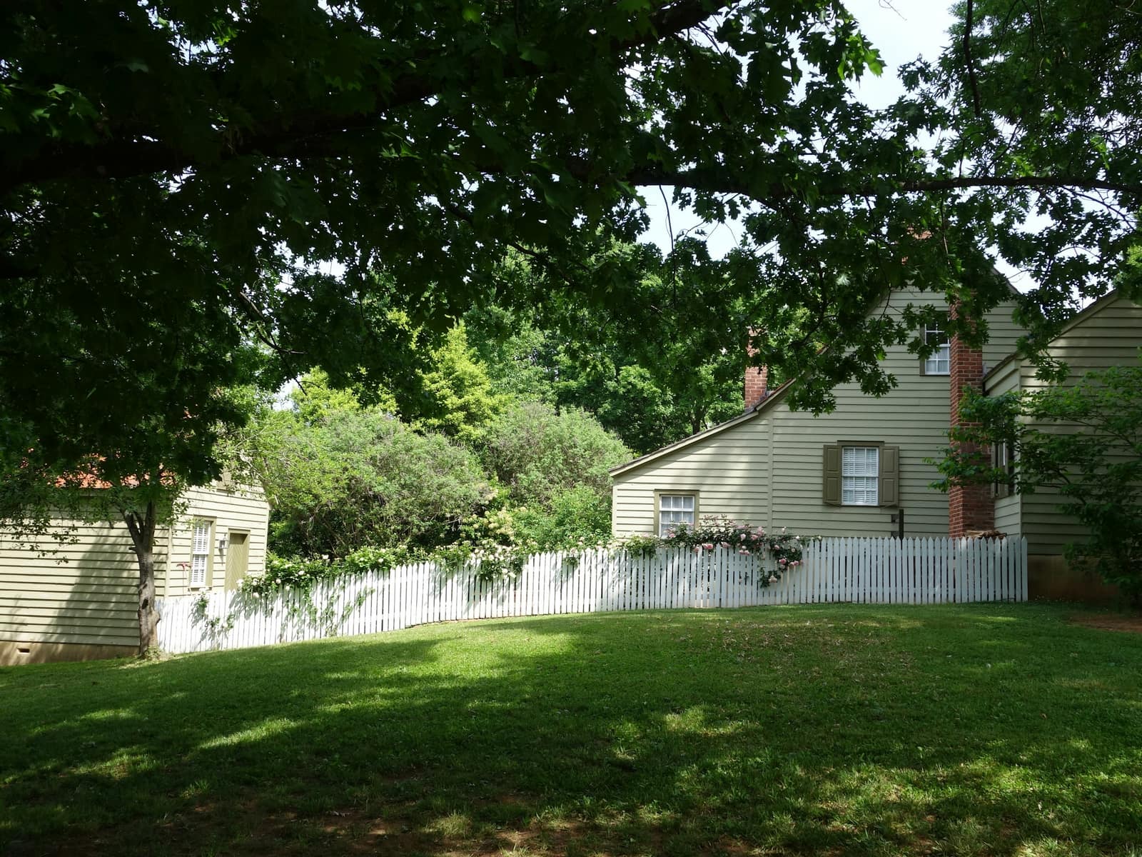 A mown lawn behind a white picket fence, with an older clapboard house and mature trees beyond.